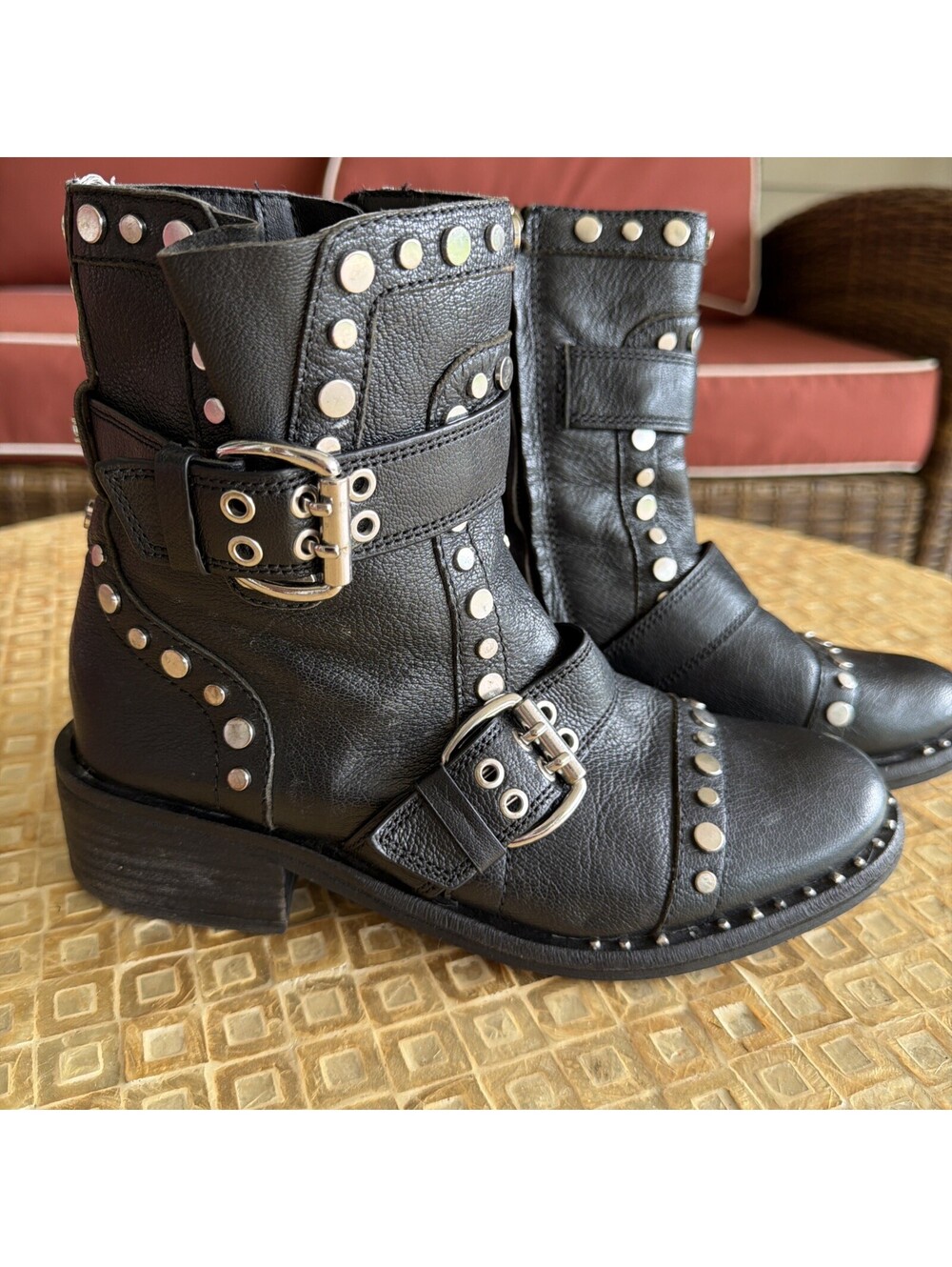 Sam Edelman Womens Drea Black Leather Studded Side Zip Moto Boots Size US 7